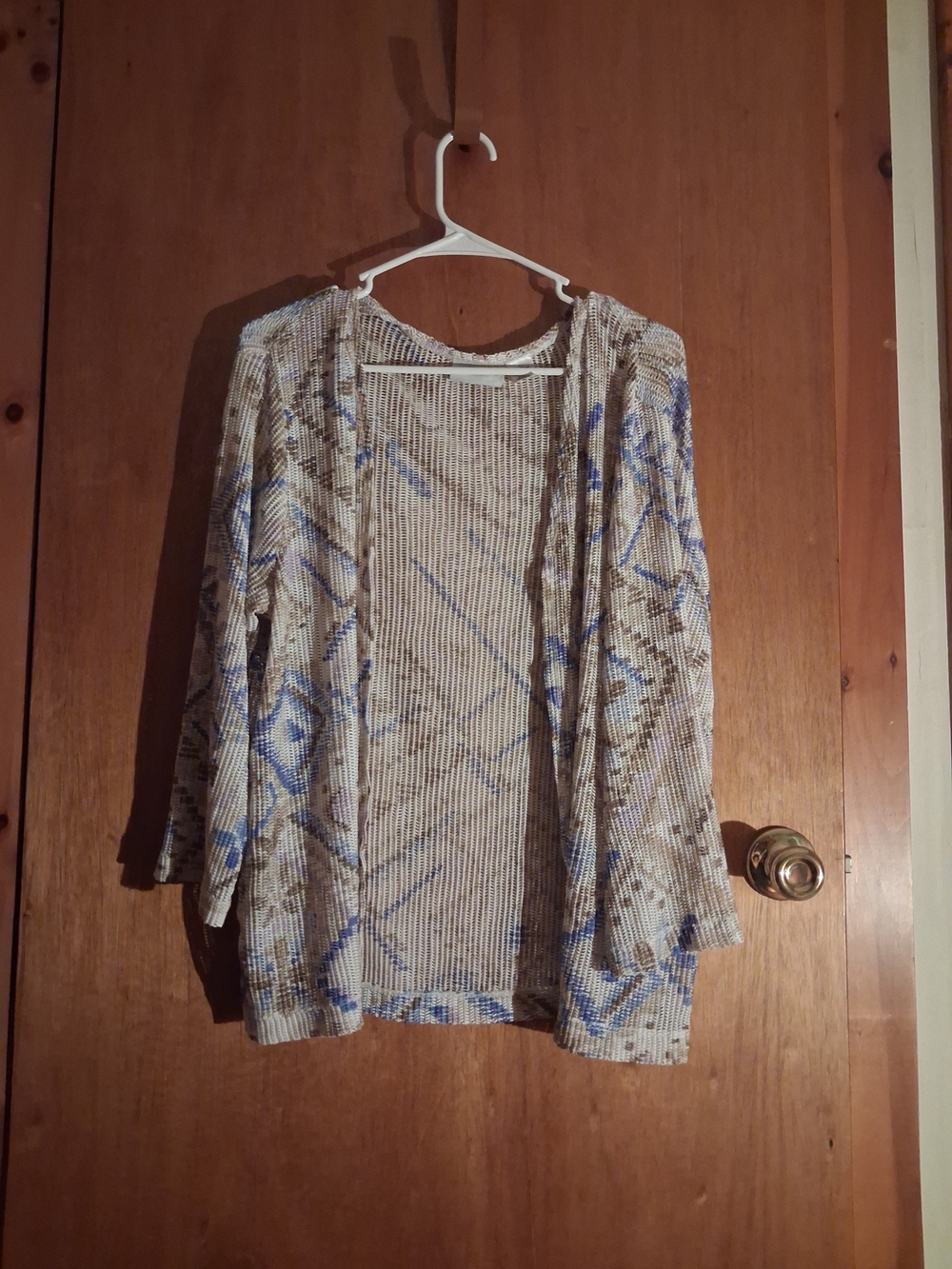 Alfred Dunner Beige Cardigan with Blue and Brown Pattern